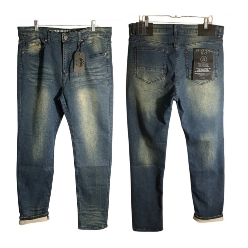 VGB Vintage Genes Black Men's W30x30L Jeans Slim‎ Fit French Terry Denim Blue